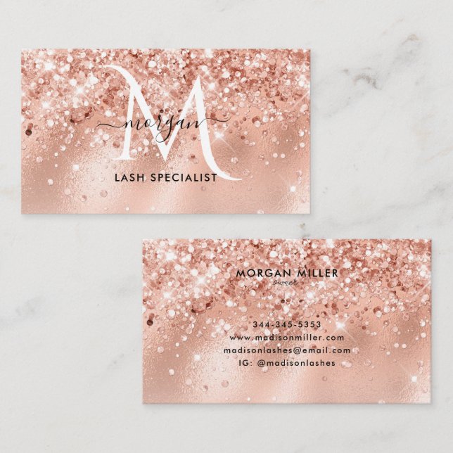 Peach Shimmer Glitter Ro Guld Monogram Visitkort (Fram/baksida)