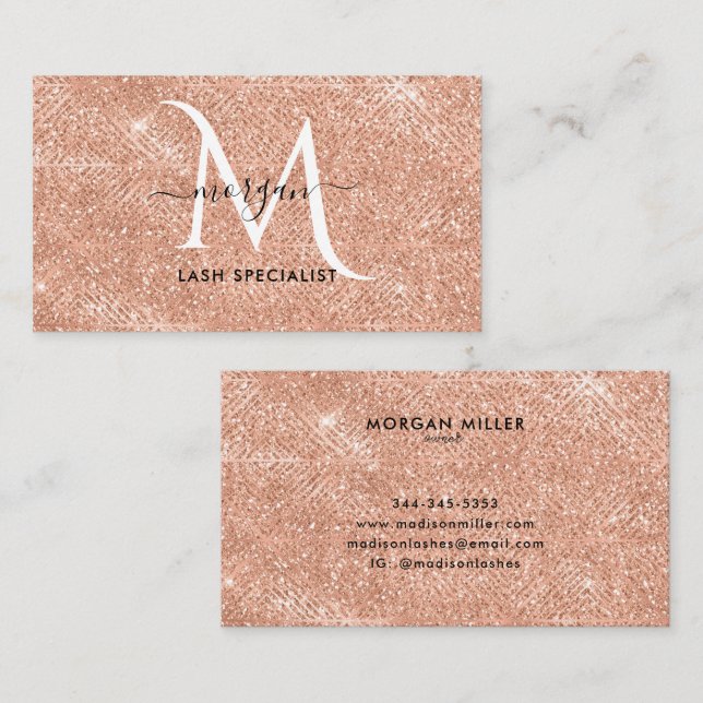 Peach Shimmer Glitter Ro Guld Monogram Visitkort (Fram/baksida)