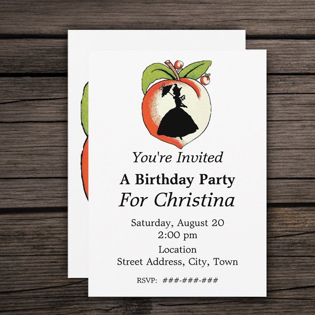 Peach Silhouette Southern Bell Birthday Inbjudningar (Silhouette of Southern Belle on a Georgia Peach with leaves on  white Birthday party invitiations.)
