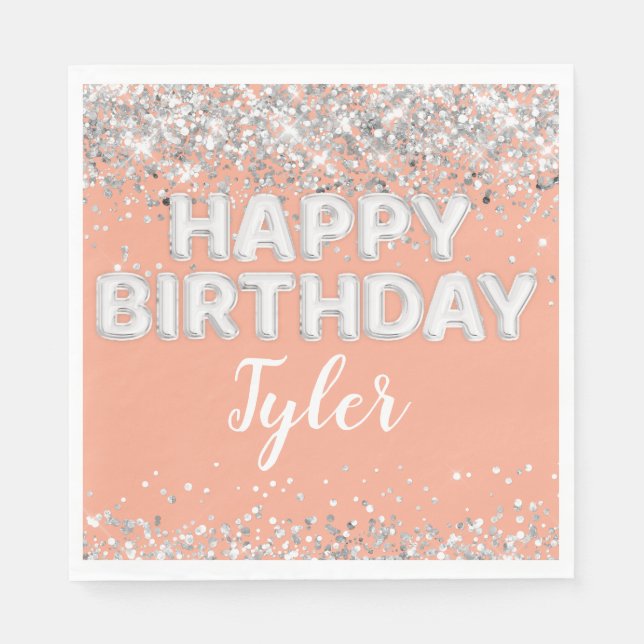 Peach Silver Födelsedagsfest Pappersservett (Framsidan)