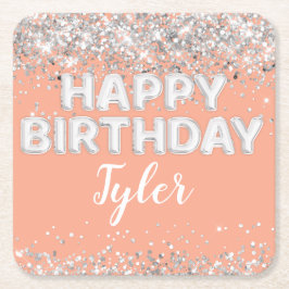 Peach Silver Födelsedagsfest Underlägg Papper Kvadrat