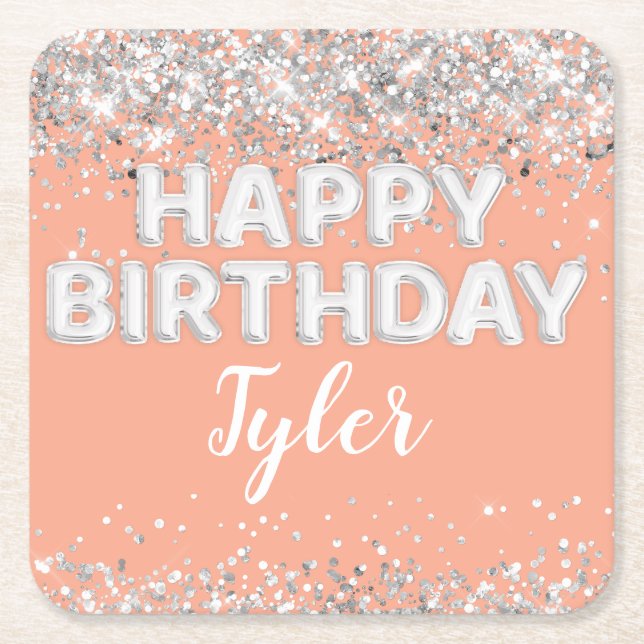 Peach Silver Födelsedagsfest Underlägg Papper Kvadrat (Framsidan)