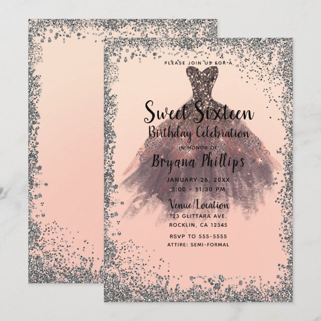 Peach & Silver Glitter Party Dress Glam Sweet 16 Inbjudningar (Fram/baksida)
