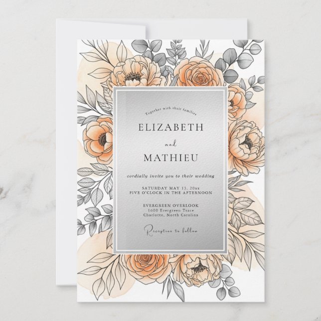 Peach Silver Refined Spring Wedding Inbjudningar (Framsida)