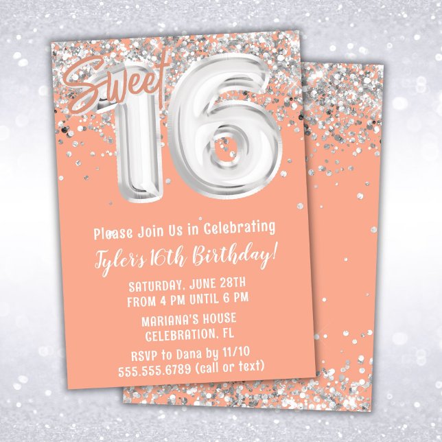 Peach Silver Sweet 16:e Födelsedagsfesten Inbjudningar (Skapare uppladdad)