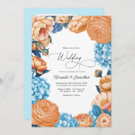 Peach & Sky Blue Watercolor Floral Wedding QR Code Inbjudningar