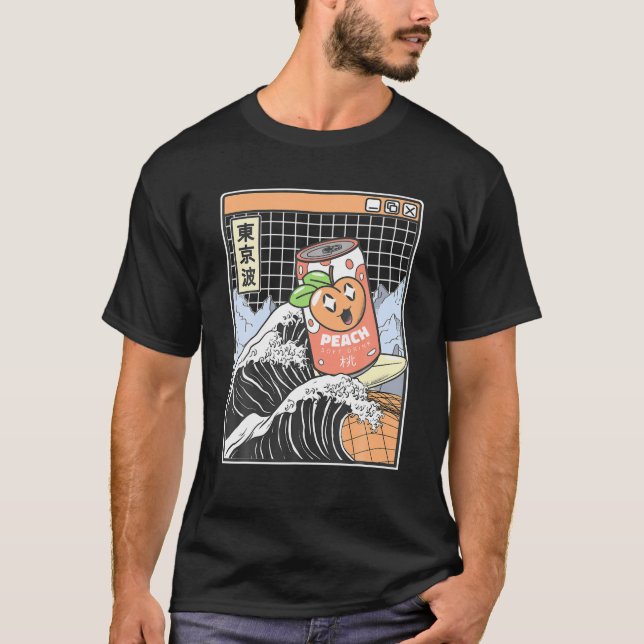 Peach Soda Surfing Kanagawa Wave Kawaii Anime Vapo T Shirt (Framsida)