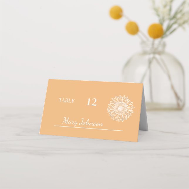 Peach Solros Minimal Blommigt Sketch Bröllop Placeringskort (Framsida)