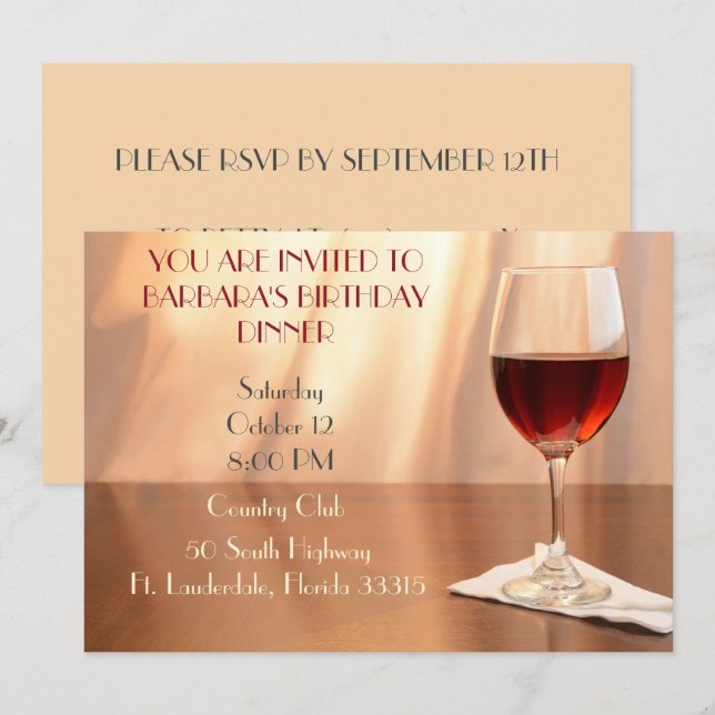 Peach Sophisticated Red vin födelsedagsinbjudan Inbjudningar (Fram/baksida)