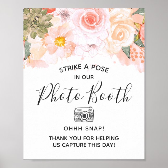 Peach Succulents Blommigt Photo Booth Bröllop Sign Poster (Framsidan)