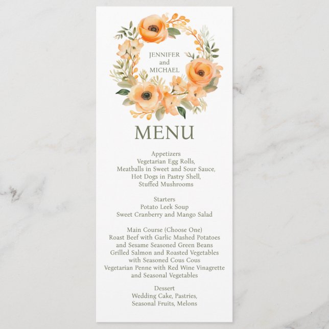 Peach Summer Dinner eller Lunch Menu Bröllop Menu Meny (Framsida)