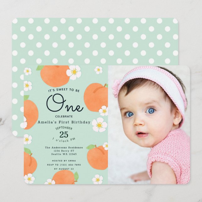 Peach Sweet to be one 1st Birthday Photo Inbjudningar (Fram/baksida)