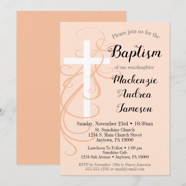 Peach Swirl Kor Baptism Investigation Girl Boy Inbjudningar (Fram/baksida)