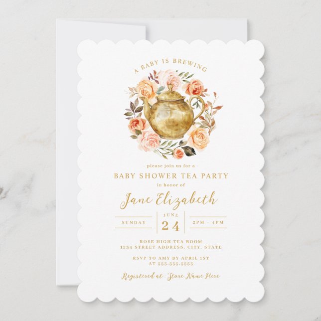 Peach Tea Party A Baby håller på att blåsa babysko Inbjudningar (Framsida)