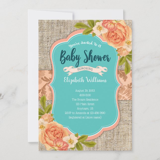 Peach Teal Burlap Watercolor Flowers Baby Shower Inbjudningar (Framsida)