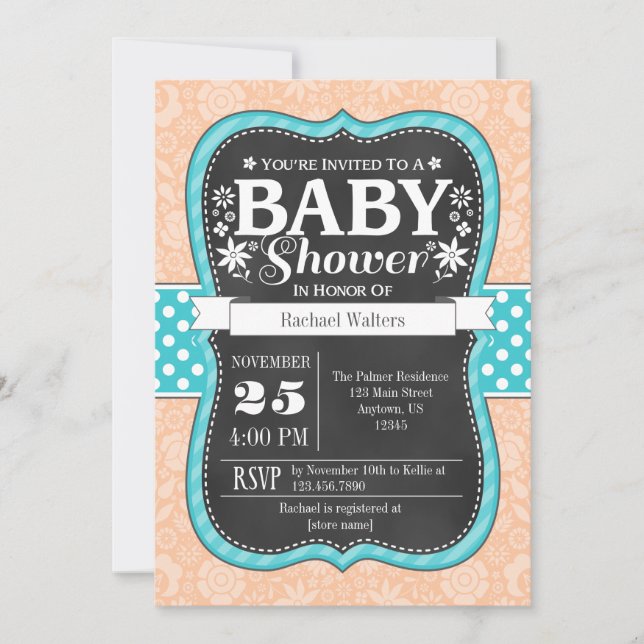 Peach Teal Chalkboard Blommigt Baby Shower Inbjuda Inbjudningar (Framsida)