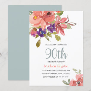 Peach & Teal Flowers 90:e Födelsedagsfest Inbjudan