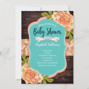Peach Teal Wood Watercolor Flowers Baby Shower Inbjudningar
