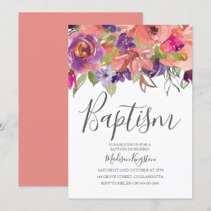 Peach Tropical Flowers Boy Girl Baptism Inbjudan