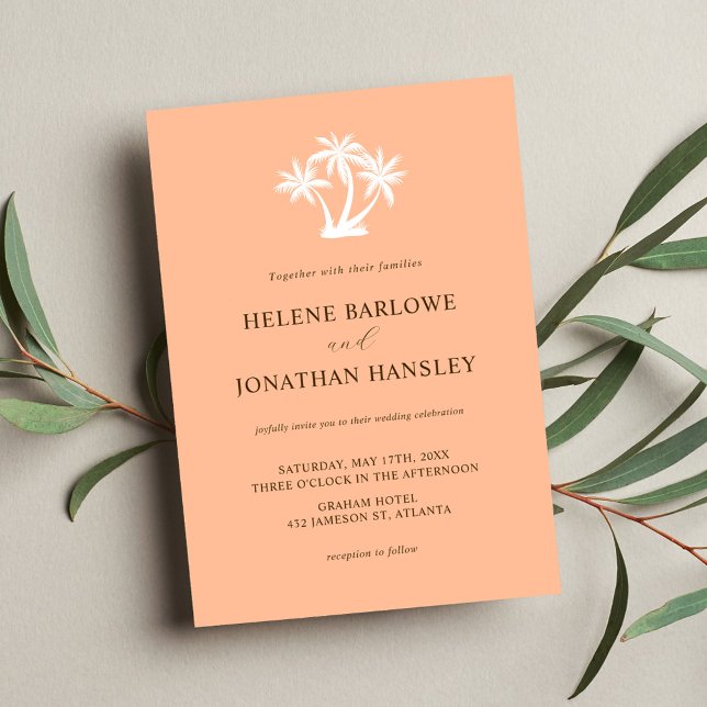 Peach Tropical Handflatan Träd minimalist Bröllop Inbjudningar (Peach Tropical Palm Tree Minimalist Wedding Invitation)