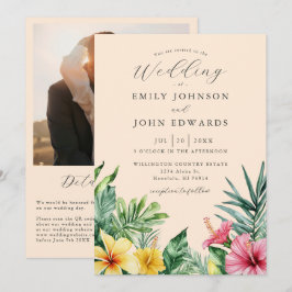 Peach Tropicala Blommor Foto QR-kod Bröllop Inbjudningar