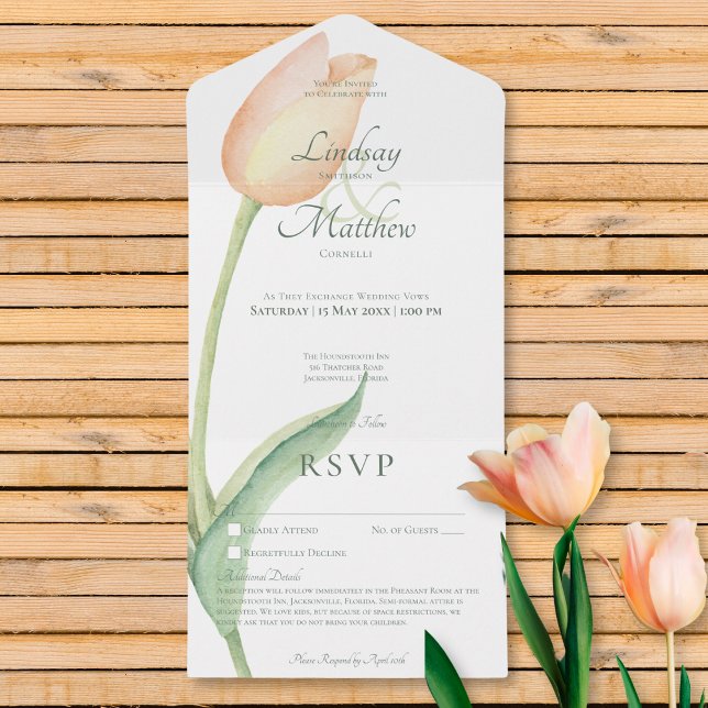 Peach  Tulip Solo Modern ingen middag utan detalje (Peach Blush Tulip Solo Modern No Dinner w/ Details All In One Invitation)