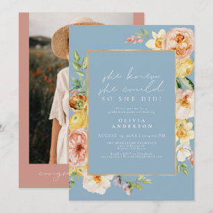 Peach Vår Blommigt Dusty Blue Studenten Inbjudningar