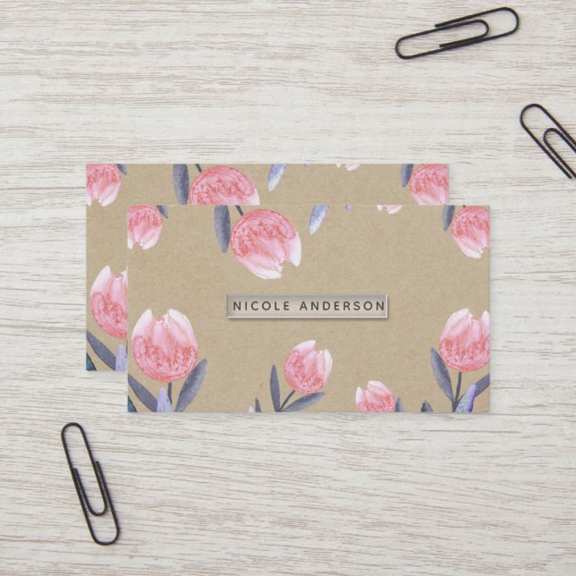 Peach Vår Watercolor Tulips Rustic Kraft Chic Visitkort (Fram/Back In Situ)