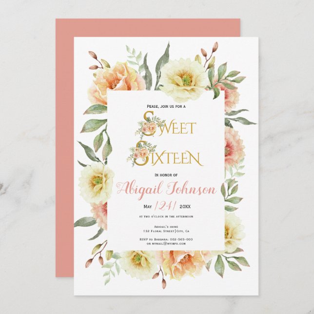 Peach vattencolor blommor, sweet sixteen inbjudningar (Fram/baksida)