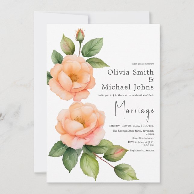 Peach vild ro Watercolor bröllopsinbjudan Inbjudningar (Framsida)