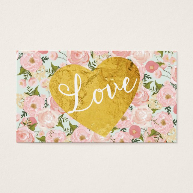 Peach Vintage Blommigt Fake Guld Kärlek Heart Girl Visitkort (Framsidan)
