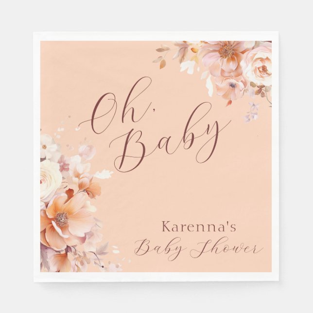 Peach Vintage Blommigt Fall Oh Baby Shower Pappersservett (Framsidan)