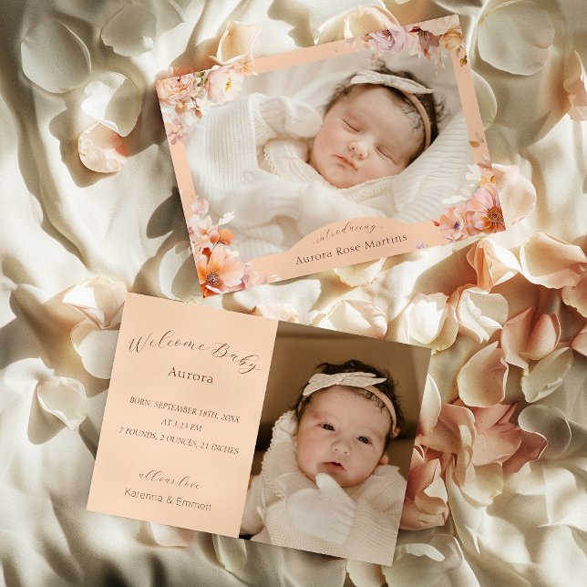Peach Vintage Blommigt Fall Two Photo Birth Meddelande (Skapare uppladdad)