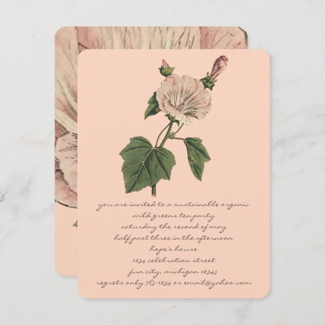 Peach Vintage Boho Botanical Ro Flower Middag Inbjudningar (Fram/baksida)