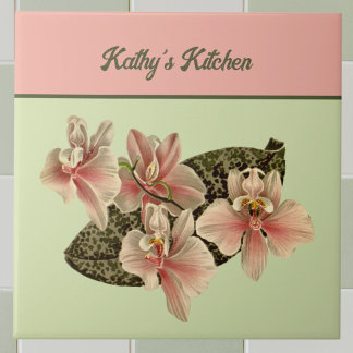 Peach Vintage Orchid Botanical Image Monogram Kakelplatta