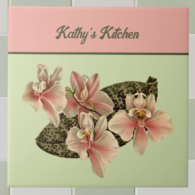 Peach Vintage Orchid Botanical Image Monogram Kakelplatta (Skapare uppladdad)