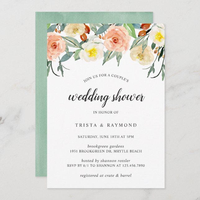 Peach Watercolor Blommigt Par Möhippa Inbjudningar (Fram/baksida)