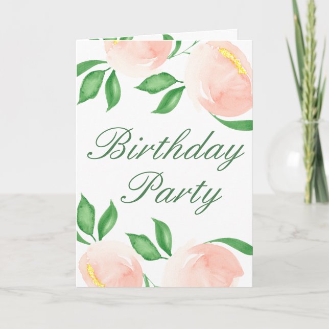 Peach  Watercolor Blommigt Photo Födelsedagsfest Inbjudan (Framsida)