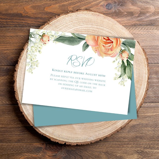 Peach Watercolor Blommigt QR Code OSA Blue Kort (Wedding RSVP reply card with elegant watercolor peach floral. )