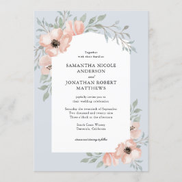 Peach Watercolor Flowers Dusty Blue Bröllop Inbjudningar