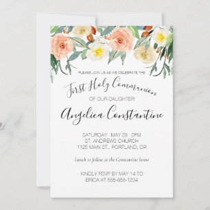 Peach Watercolor Flowers First Heliga Communion Inbjudningar