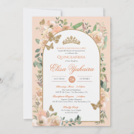 Peach Watercolor Golden Butterfly Quinceanera Inbjudningar