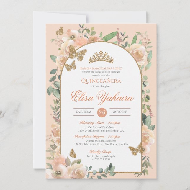 Peach Watercolor Golden Butterfly Quinceanera Inbjudningar (Framsida)