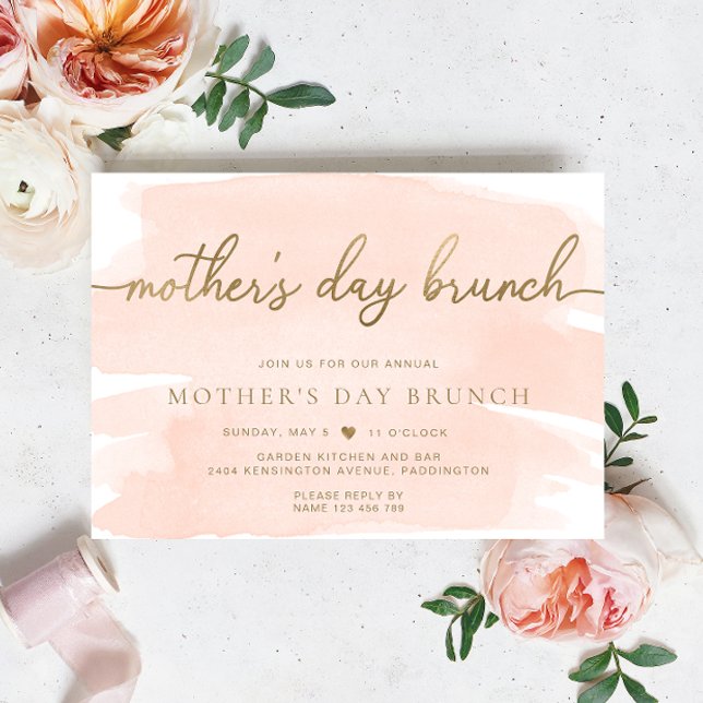 Peach  Watercolor Mors dag Brunch Inbjudningar (Mothers Day Brunch Invitation Peach Blush Watercolour Gold )