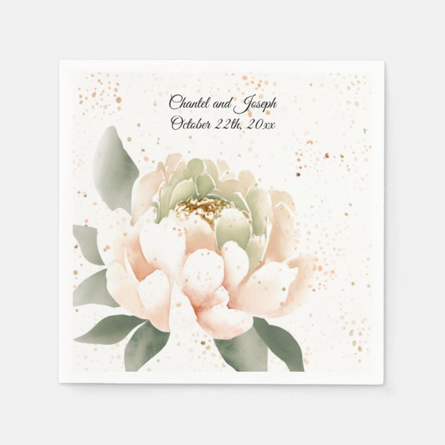 Peach Watercolor Peony Bröllop Pappra Napkins Pappersservett (Framsidan)