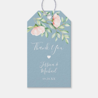 Peach Watercolor Ro Dusty Blue Bröllop Tack Presentetikett
