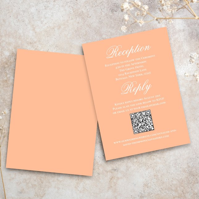 Peach Wedding Script RSVP Reception  Tilläggskort (Peach reception and reply card with a scannable QR code.)