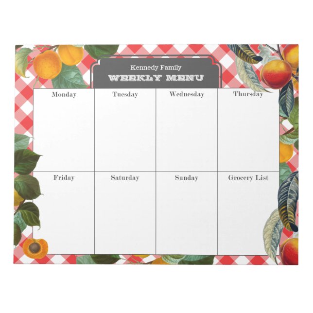 Peach Weekly Menu Meal Planner Gingham Anteckningsblock (Framsida)