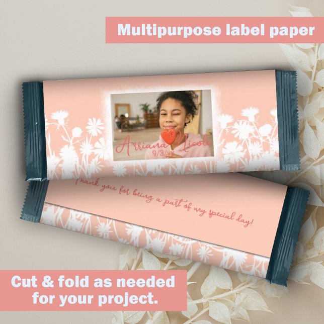 Peach White Bat mitzvah Anpassningsbar Candy Pub W (Peach, white botanical wild flowers bat mitzvah candy bar wrapper, diy budget low cost alternative)