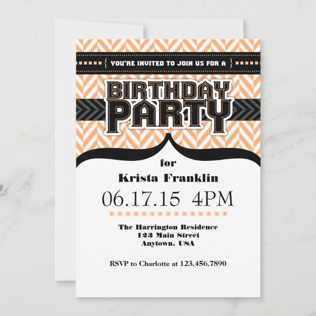 Peach White Black Herringbone Birthday Inbjudan (Framsida)